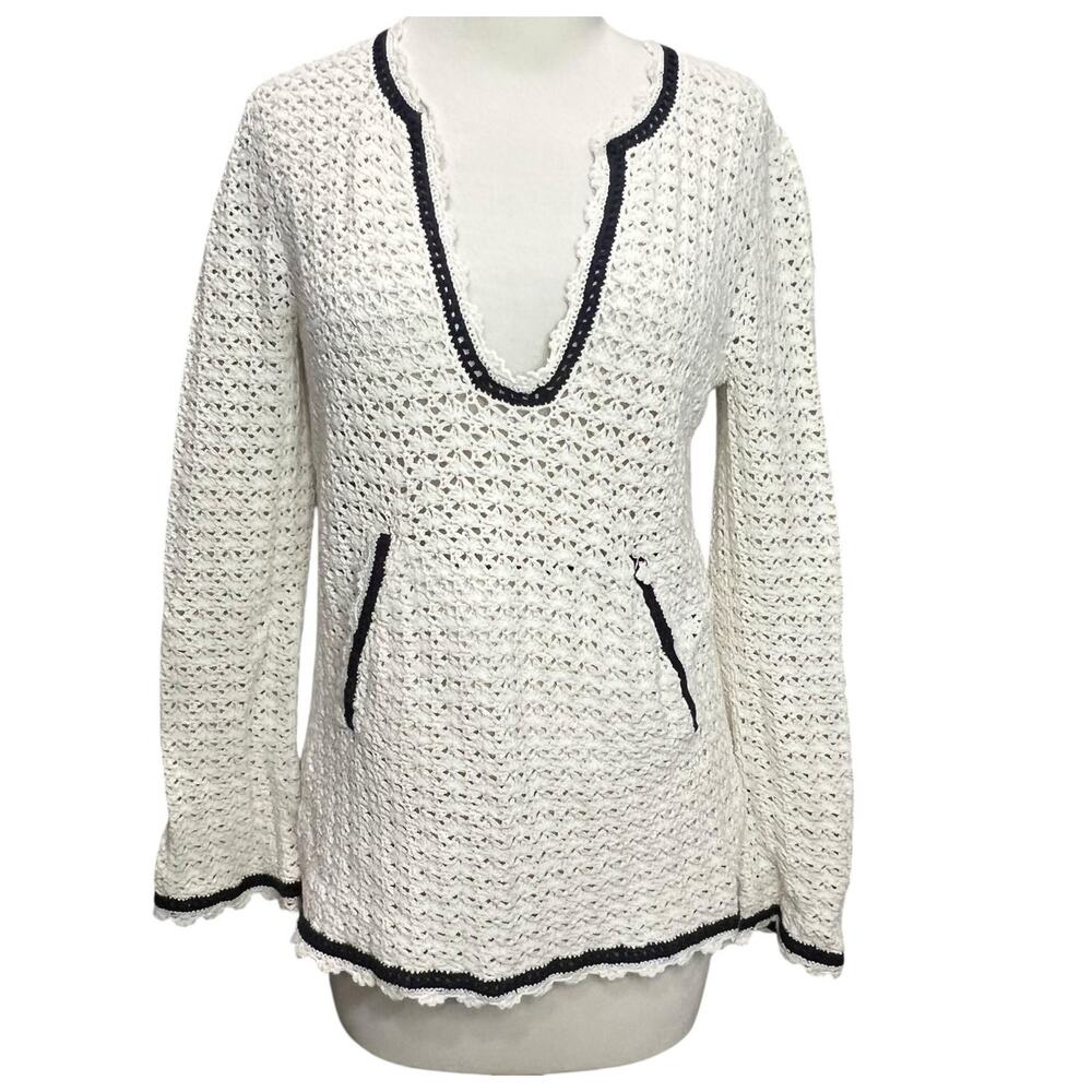 Tory Burch Crochet Sweater Women M Ivory Open Knit Boho Cottagecore Cozy Classic